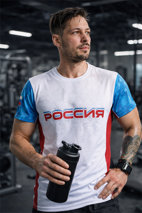 Футболка спортивная с гербом России белая 2351