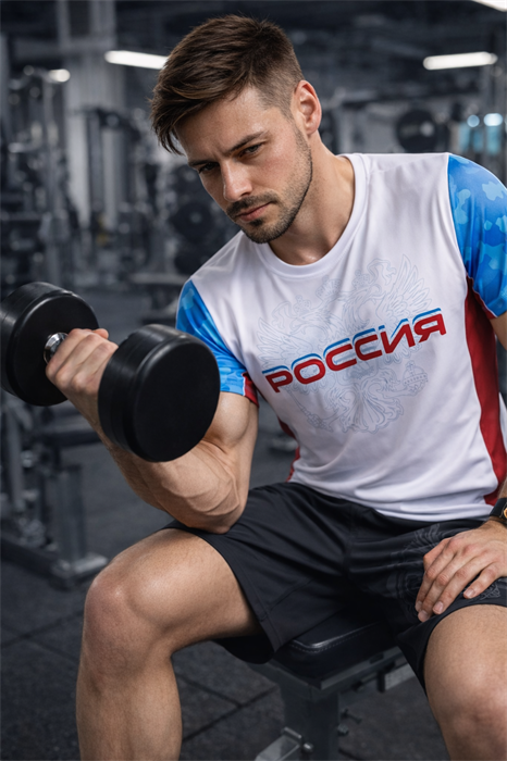 Футболка спортивная с гербом России белая 2351